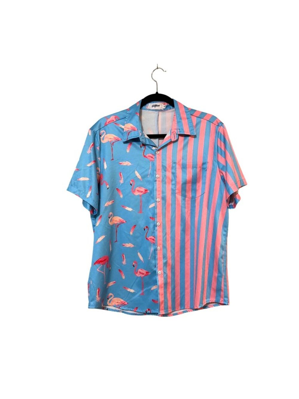 Vatpave Flamingo & Stripe Short Sleeve Button-Up Shirt Mens M Blue & Pink